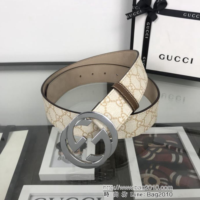 GUCCI古馳 官網經典款 原單品質 專櫃PVC新花色 米白提花面料 雙G拋光亮面扣 男士皮帶  xfp1439